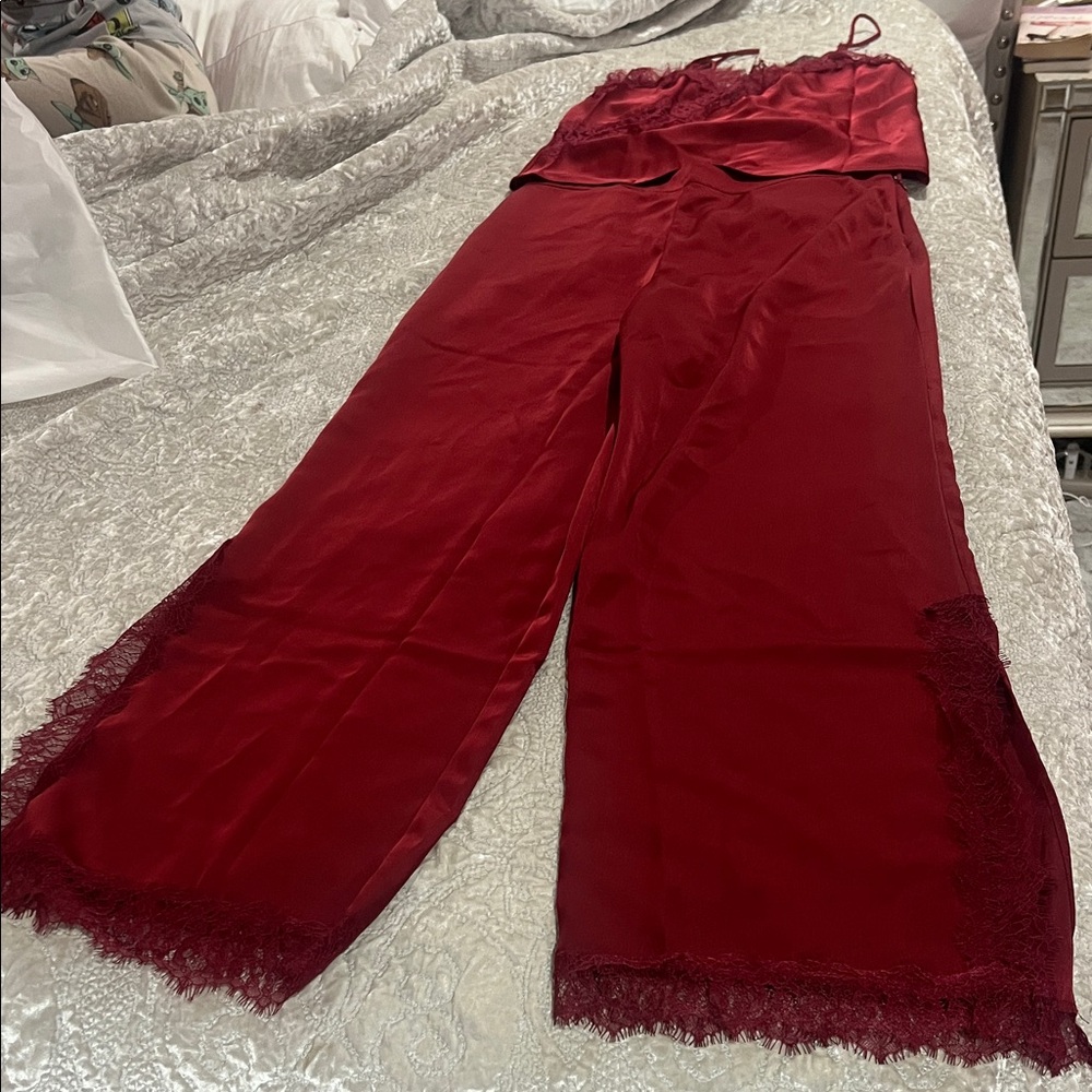 Fashion Nova Burgundy Lace Trim Pantsuit